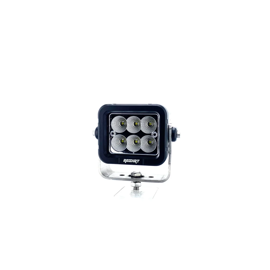 60W LED work light mounted on the RedDirt trailer providing bright illumination for night work