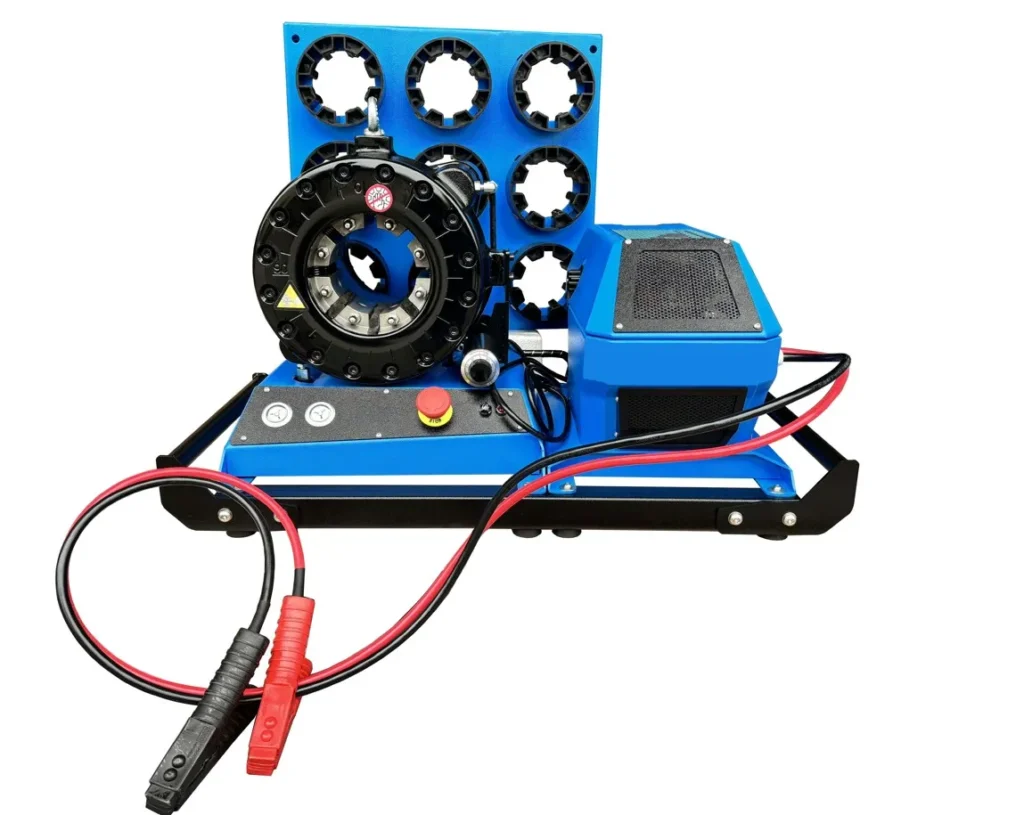 Yuben 12V and 24V hydraulic hose press mounted inside a service trailer for on-site hose crimping