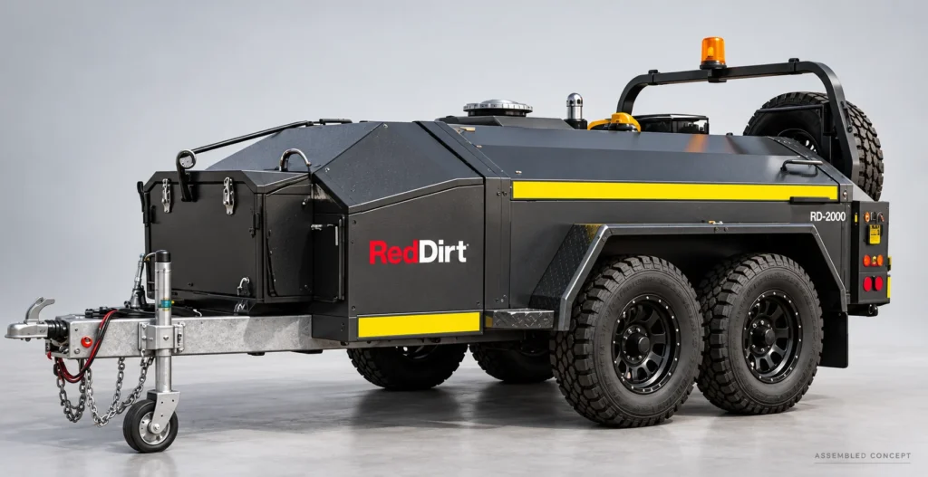RedDirt diesel fuel trailer concept with enclosed charcoal body, yellow accents and tandem wheels