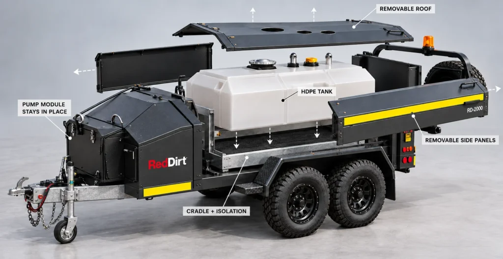 Exploded RedDirt fuel trailer concept showing the removable roof and side panels, internal HDPE tank and support cradle, with the front pump bay staying in place.